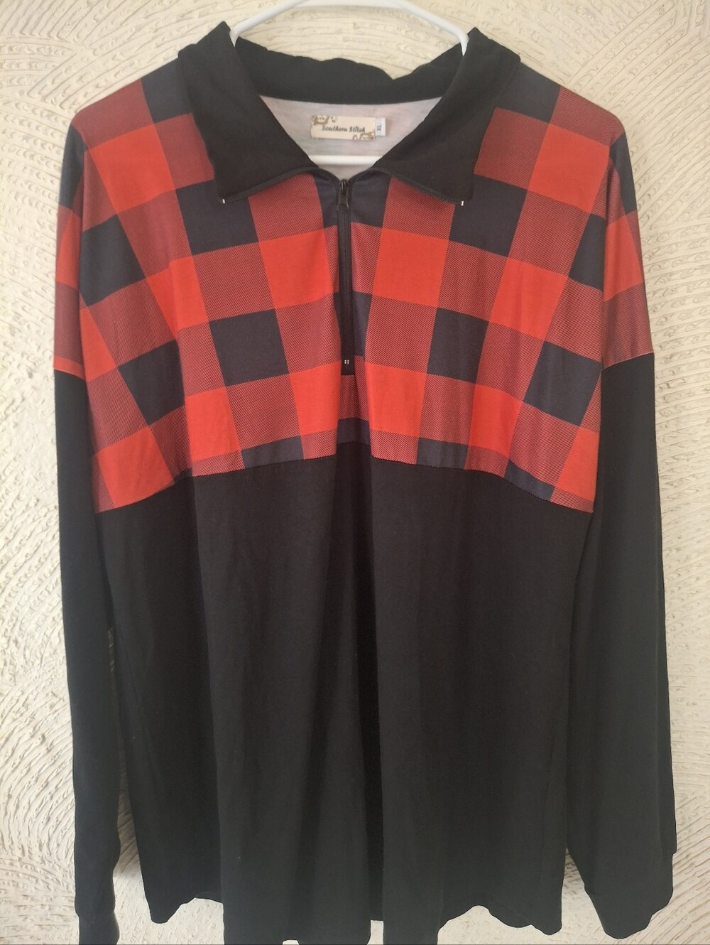 Women's Black Long-Sleeve Shirt with Red Buffalo Check Panel